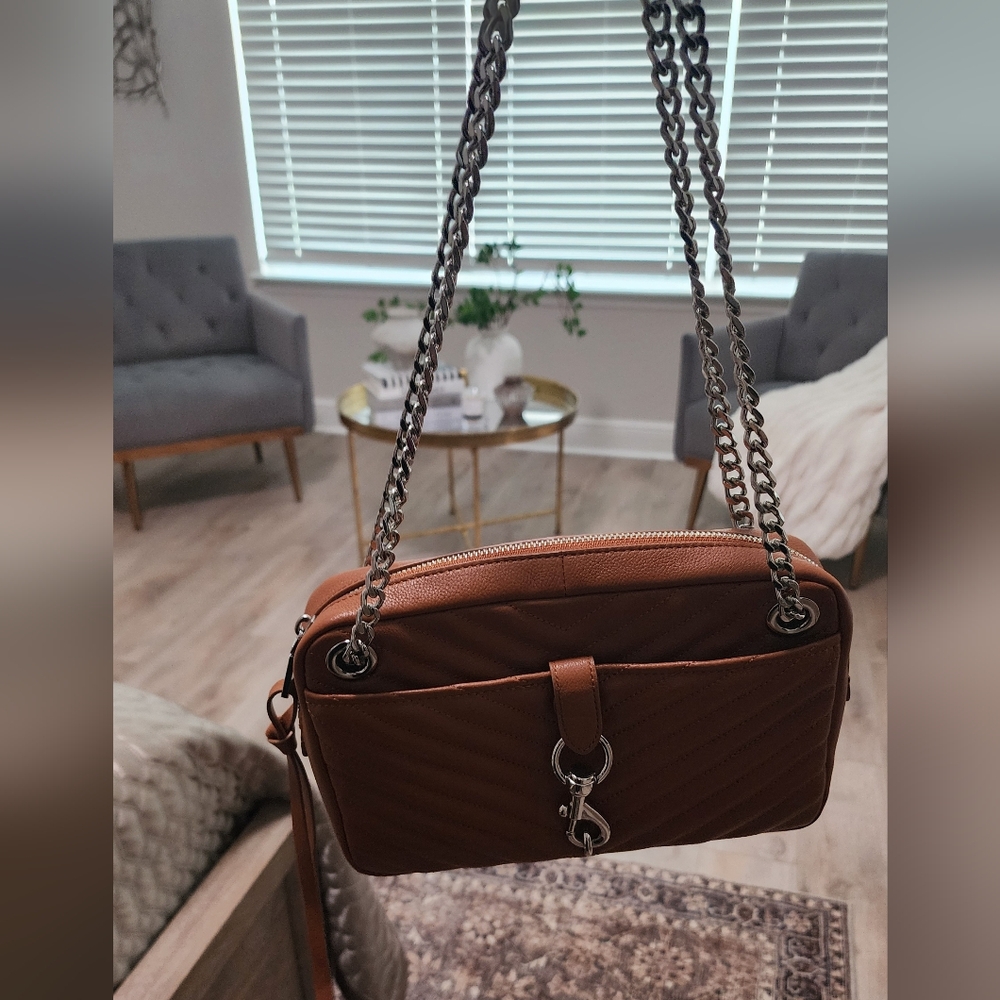Rebecca Minkoff Tan Quilted Crossbody Bag with Chain Strap